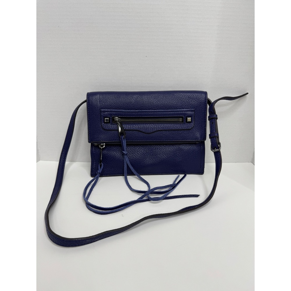 Rebecca Minkoff Leo Foldover Crossbody Bag Blue Pebbled Leather‎ Gunmetal